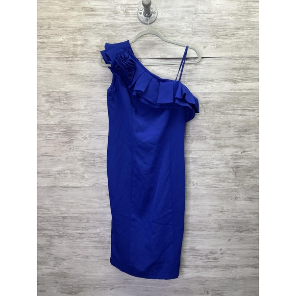 MARINA Dresses & Skirts - Marina Womens Blue Sheath One Shoulder Ruffle Midi Formal Cocktail Dress 4